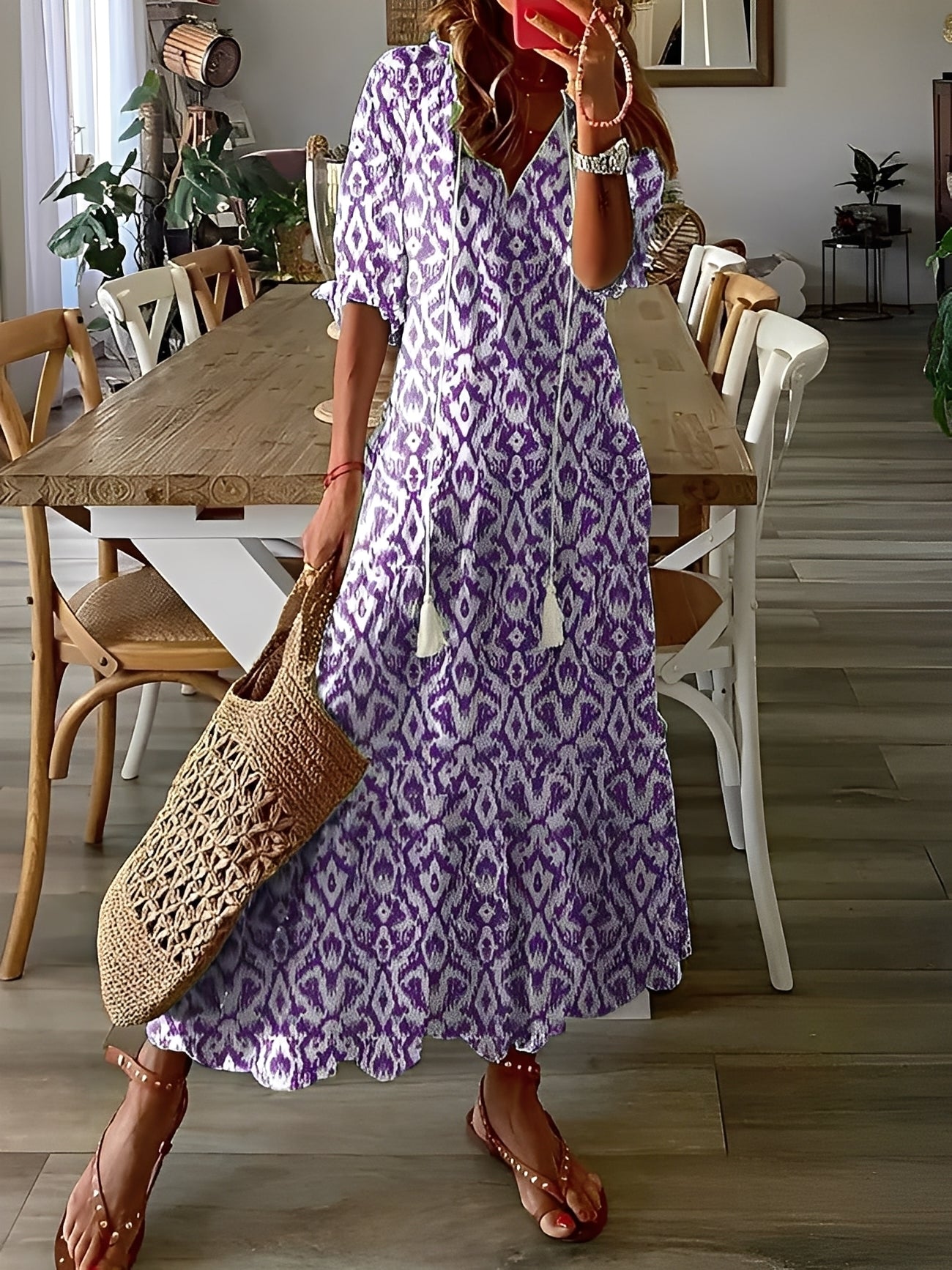 Domitille - Vestido elegante con escote en V, corte holgado para mujer