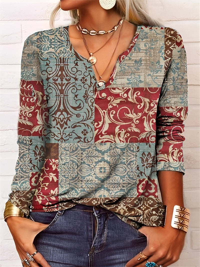 Denise - Damen Boho-Bluse mit V-Ausschnitt und Knöpfen