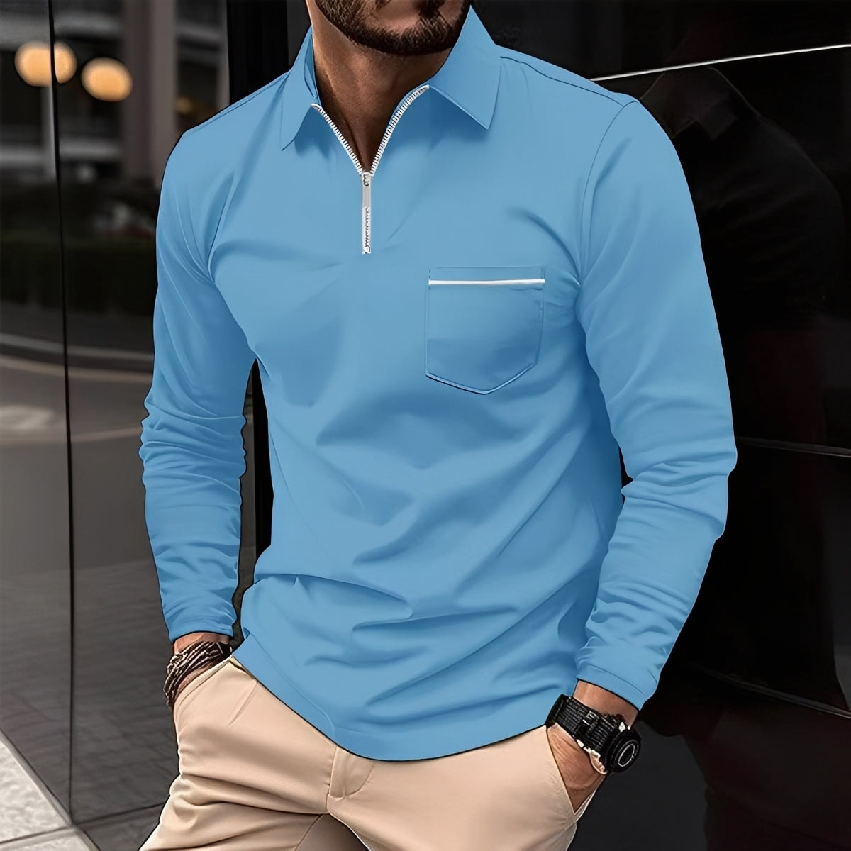 Bernard - Bequemes Langarm-Poloshirt mit Tasche für Herren