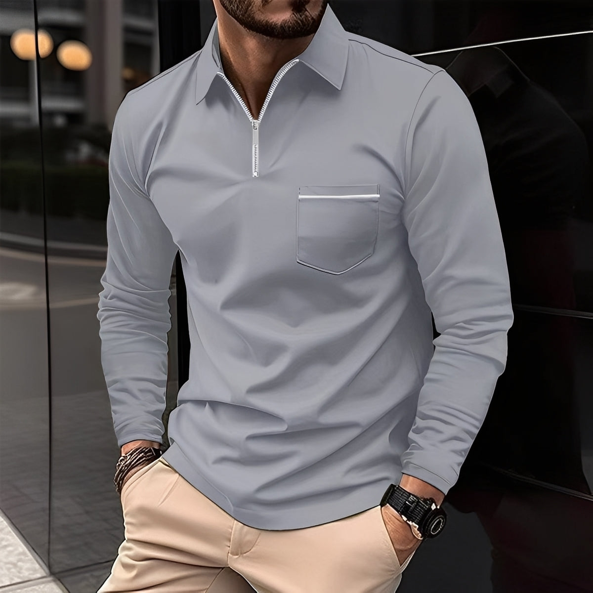 Bernard - Bequemes Langarm-Poloshirt mit Tasche für Herren