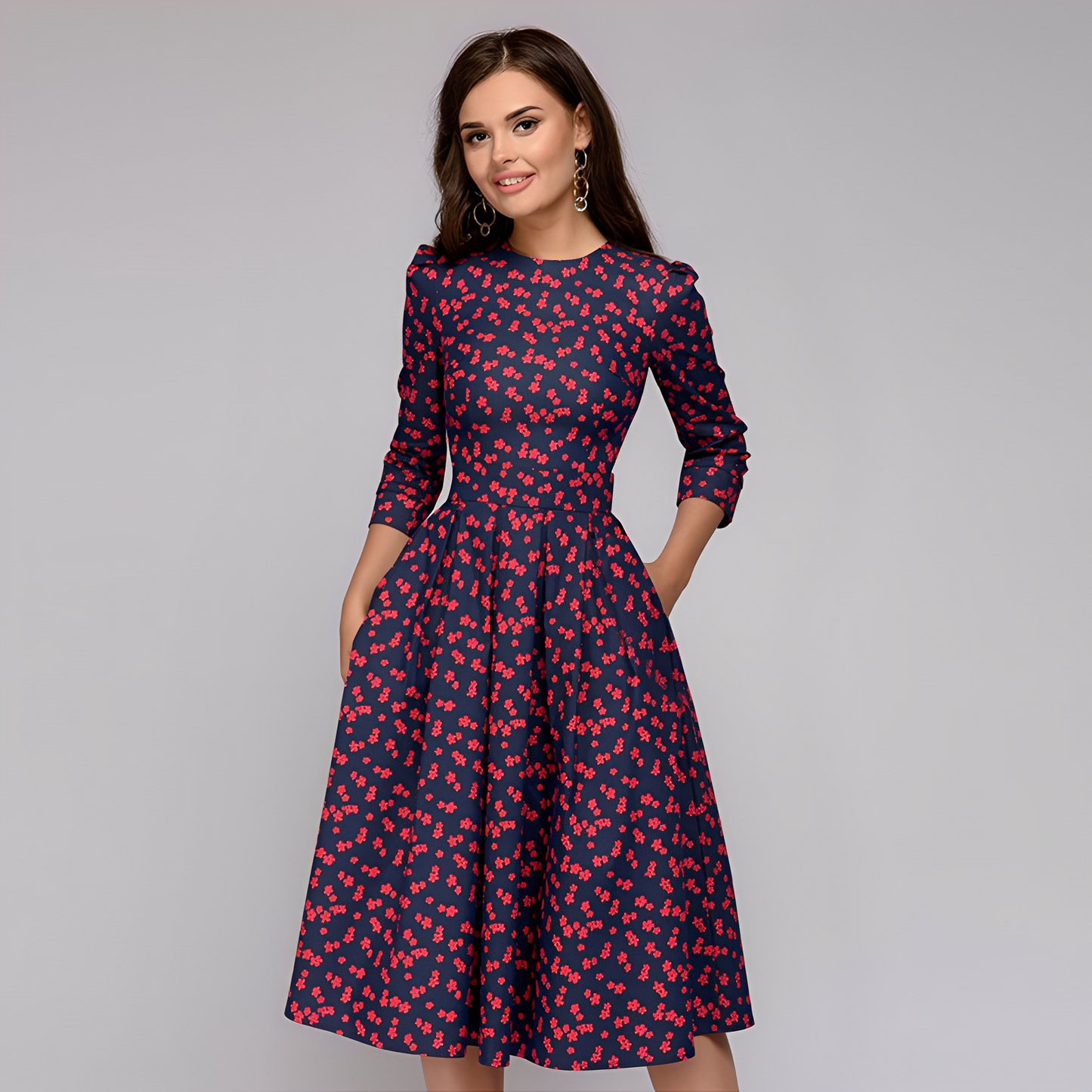 Elisabeth - Schickes Damenkleid mit langen Ärmeln und Blumenmuster