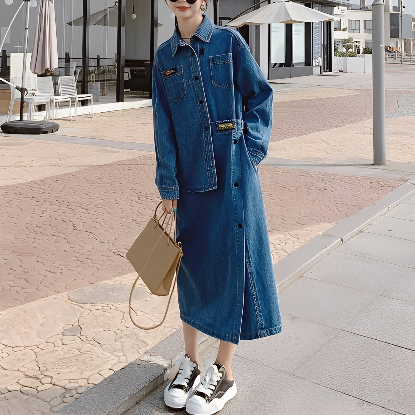 Christabel - Langes Jeanskleid im Retro-Stil mit Taschen für Damen