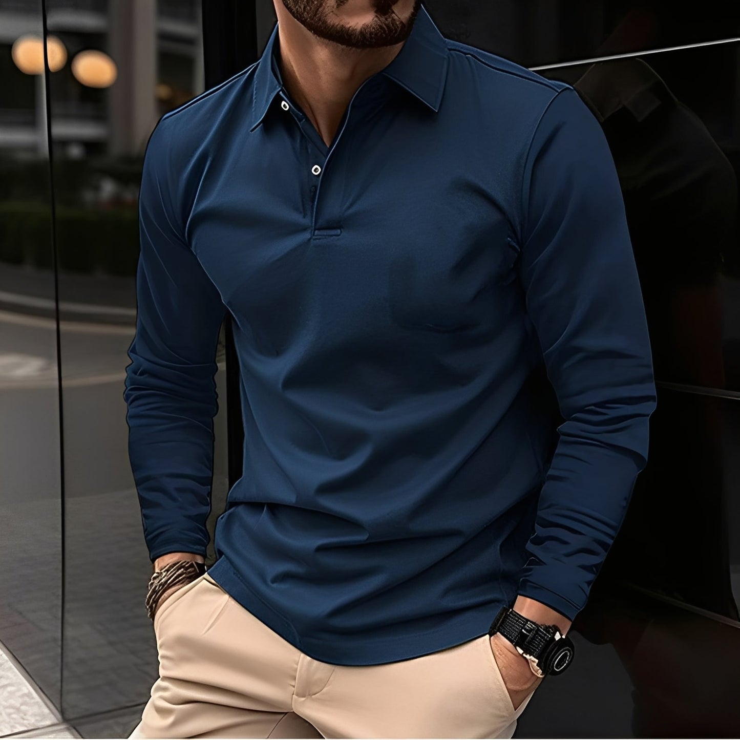 Dudley - Bequemes langärmeliges Herren-Poloshirt mit Knöpfen