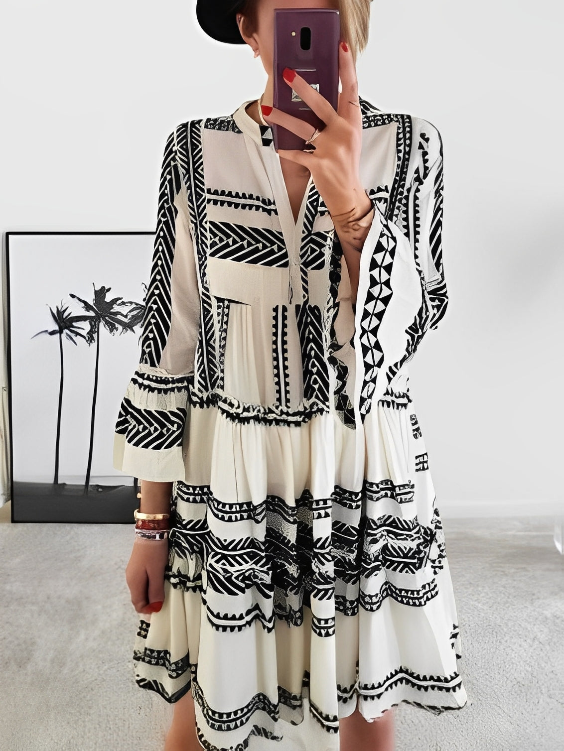 Krystal - Bedrucktes, lockeres kurzes Kleid für Damen