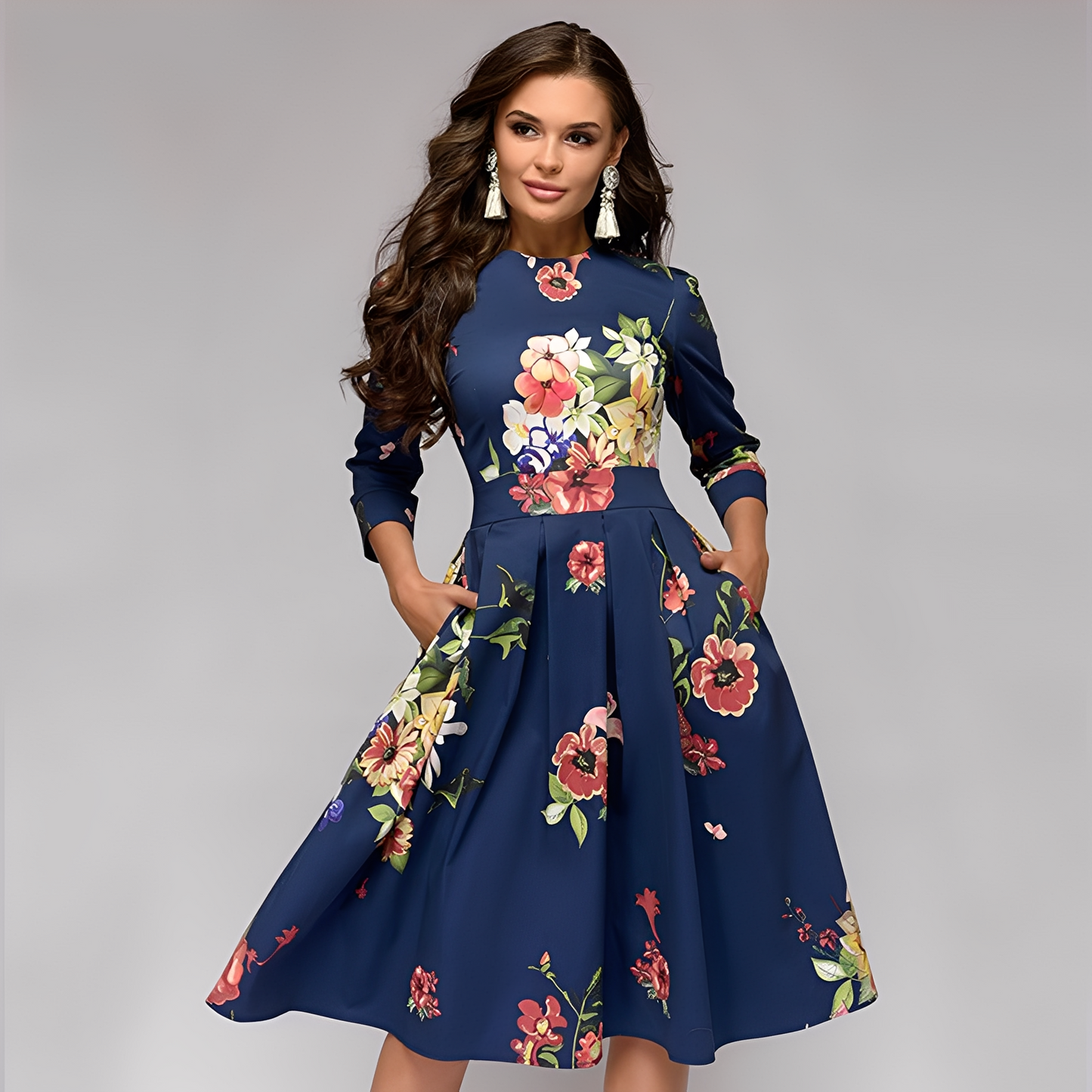 Elisabeth - Schickes Damenkleid mit langen Ärmeln und Blumenmuster