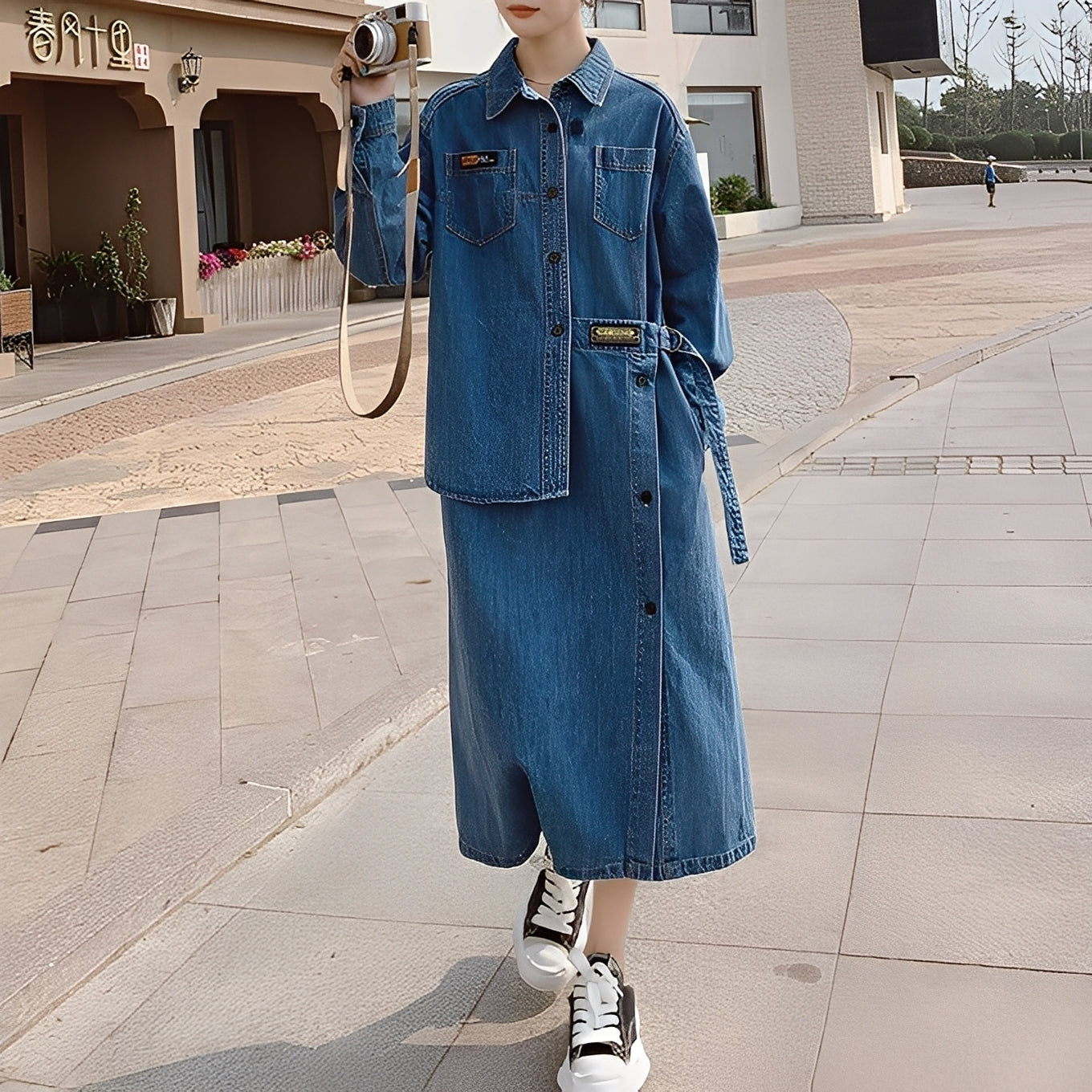 Christabel - Langes Jeanskleid im Retro-Stil mit Taschen für Damen