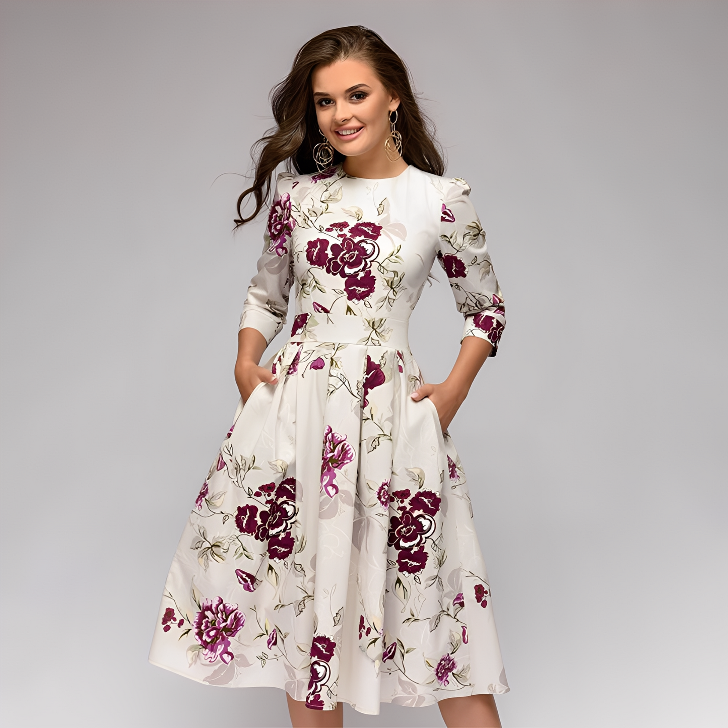 Elisabeth - Schickes Damenkleid mit langen Ärmeln und Blumenmuster