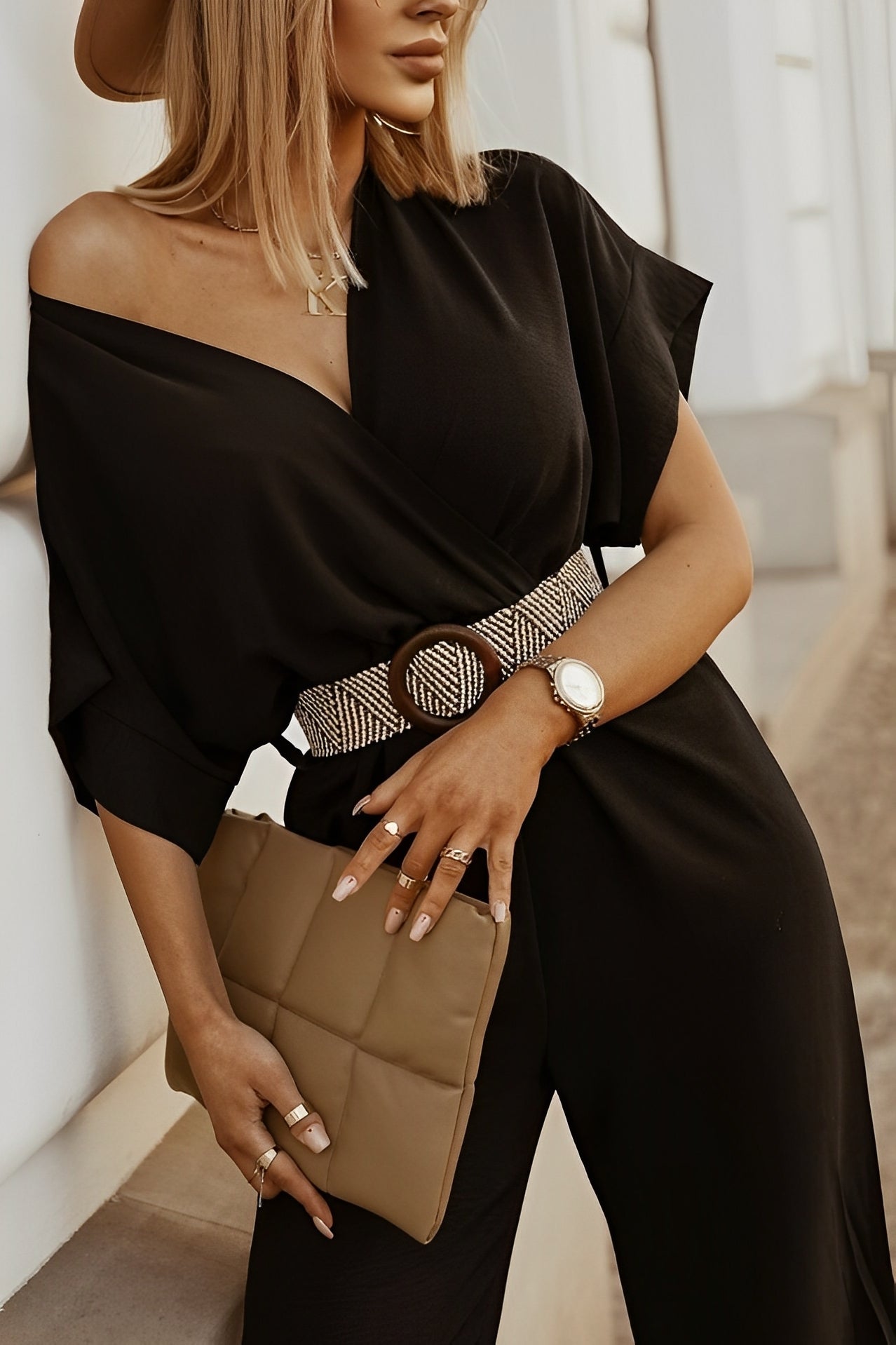 Shanon - Damen-Jumpsuit mit Puffärmeln und Gürtel