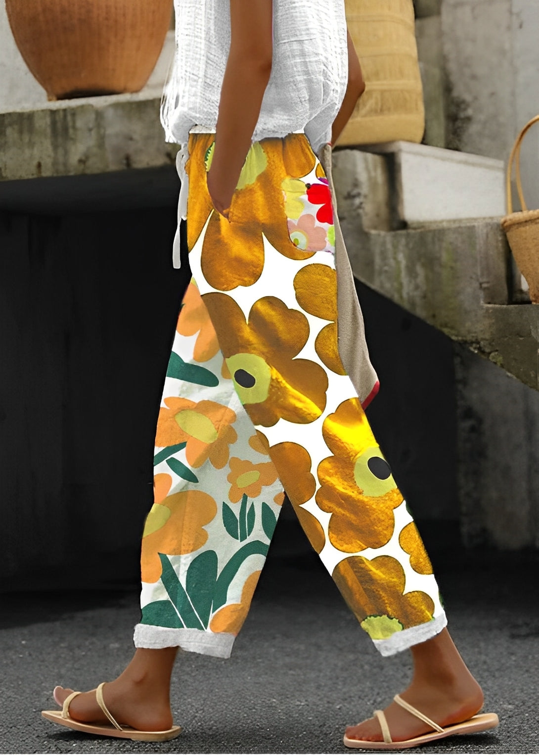 Catherina - Weite Leinenhose mit Blumenprint