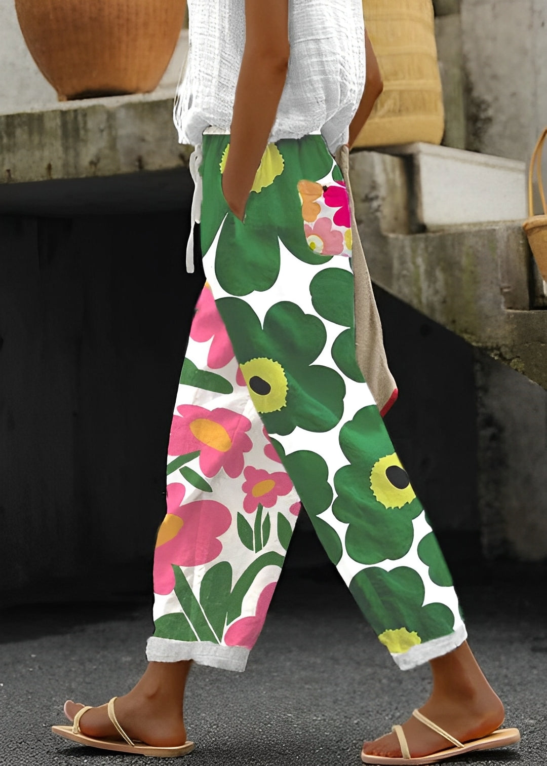 Catherina - Weite Leinenhose mit Blumenprint