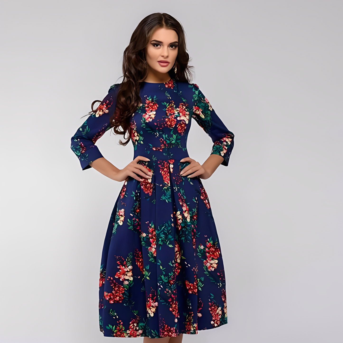 Elisabeth - Schickes Damenkleid mit langen Ärmeln und Blumenmuster