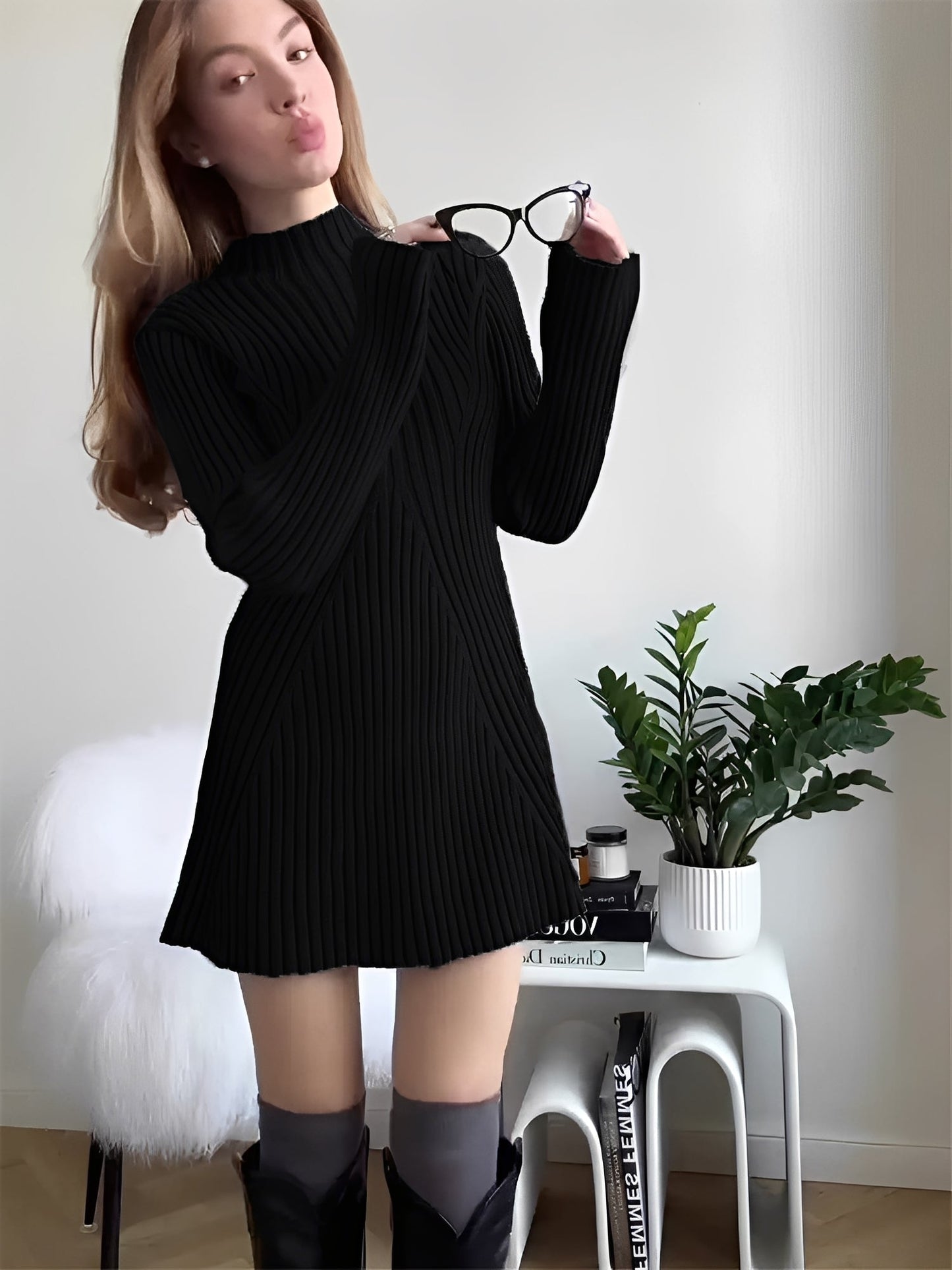 Jazmine - Schickes langärmeliges Damenstrickkleid