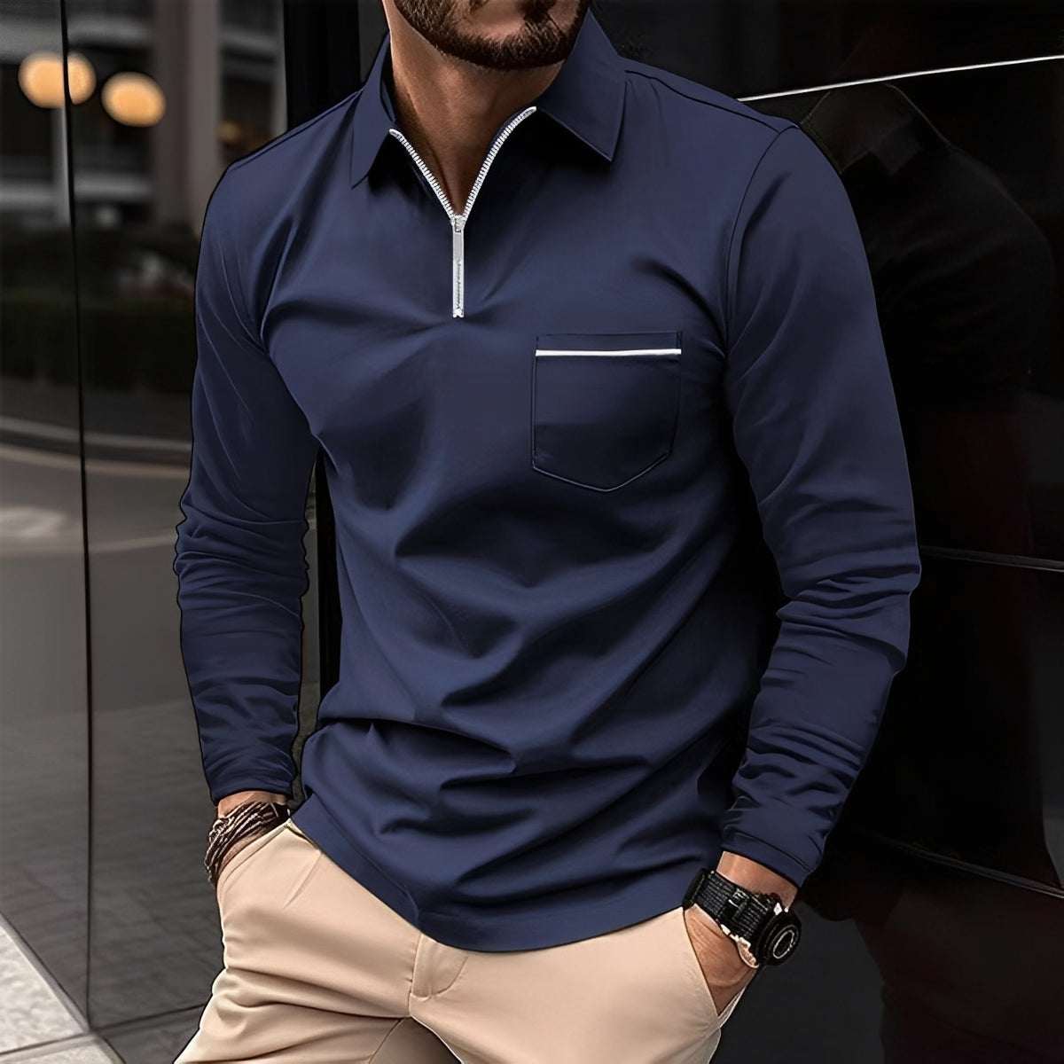 Bernard - Bequemes Langarm-Poloshirt mit Tasche für Herren