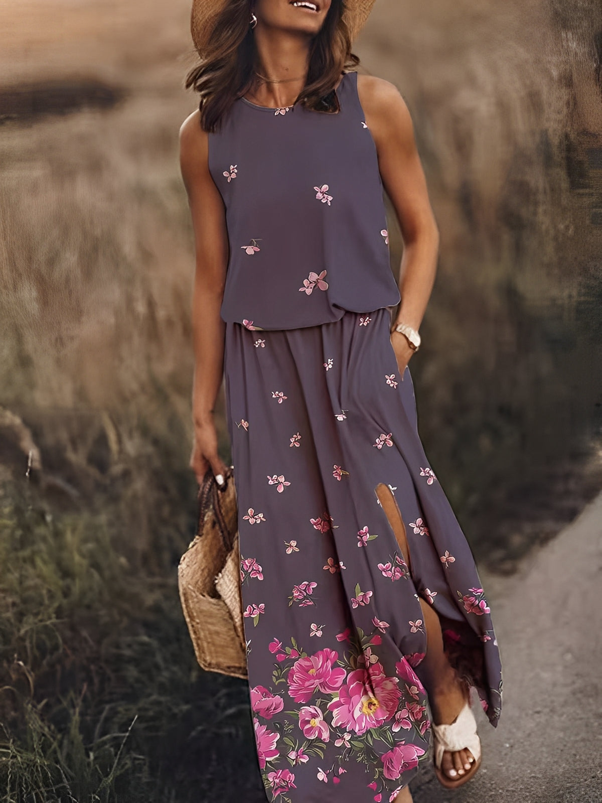 Averill - Damen-Sommermaxikleid mit geteiltem Saum