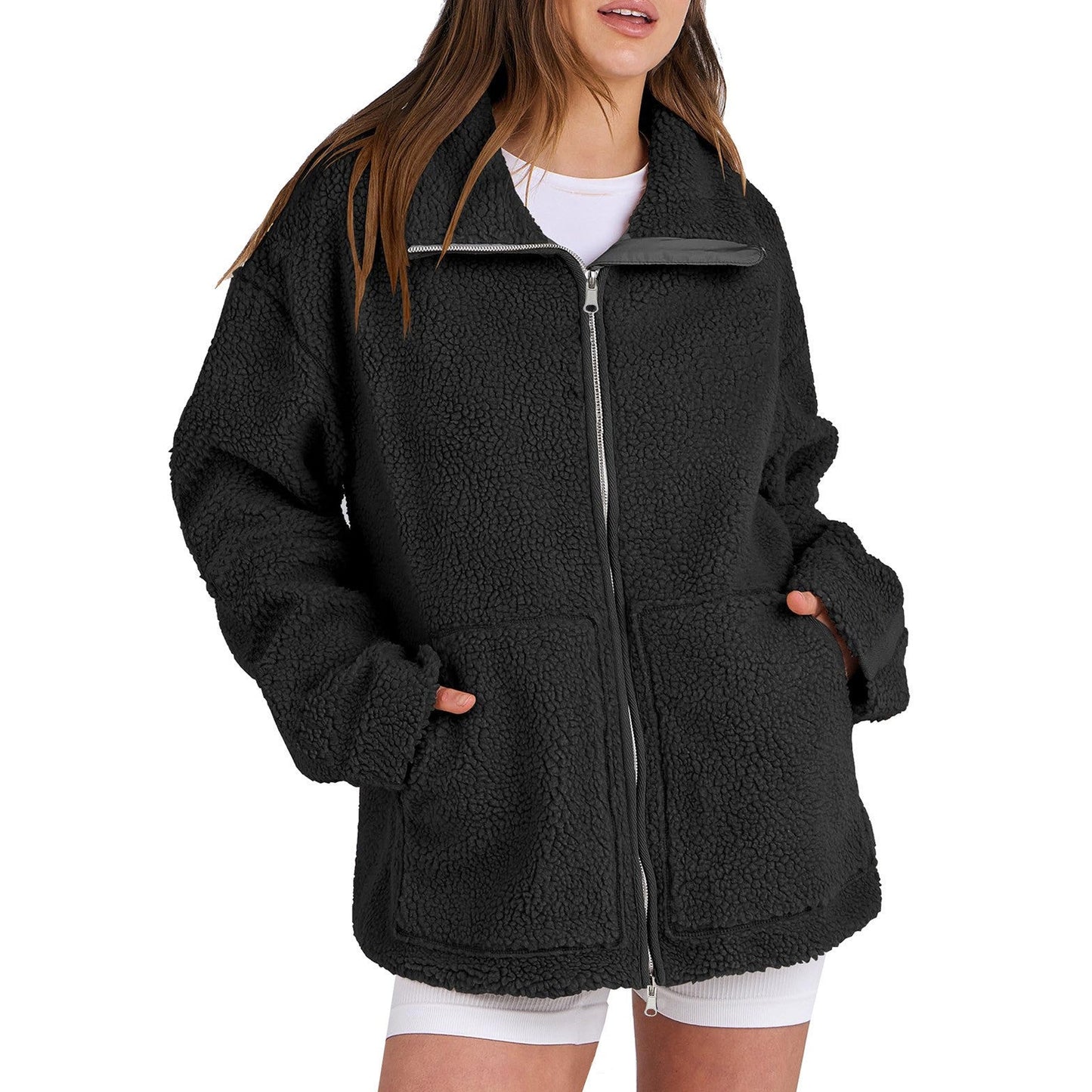 Adamina - Flauschiger Wollmantel mit hohem Kragen für Damen