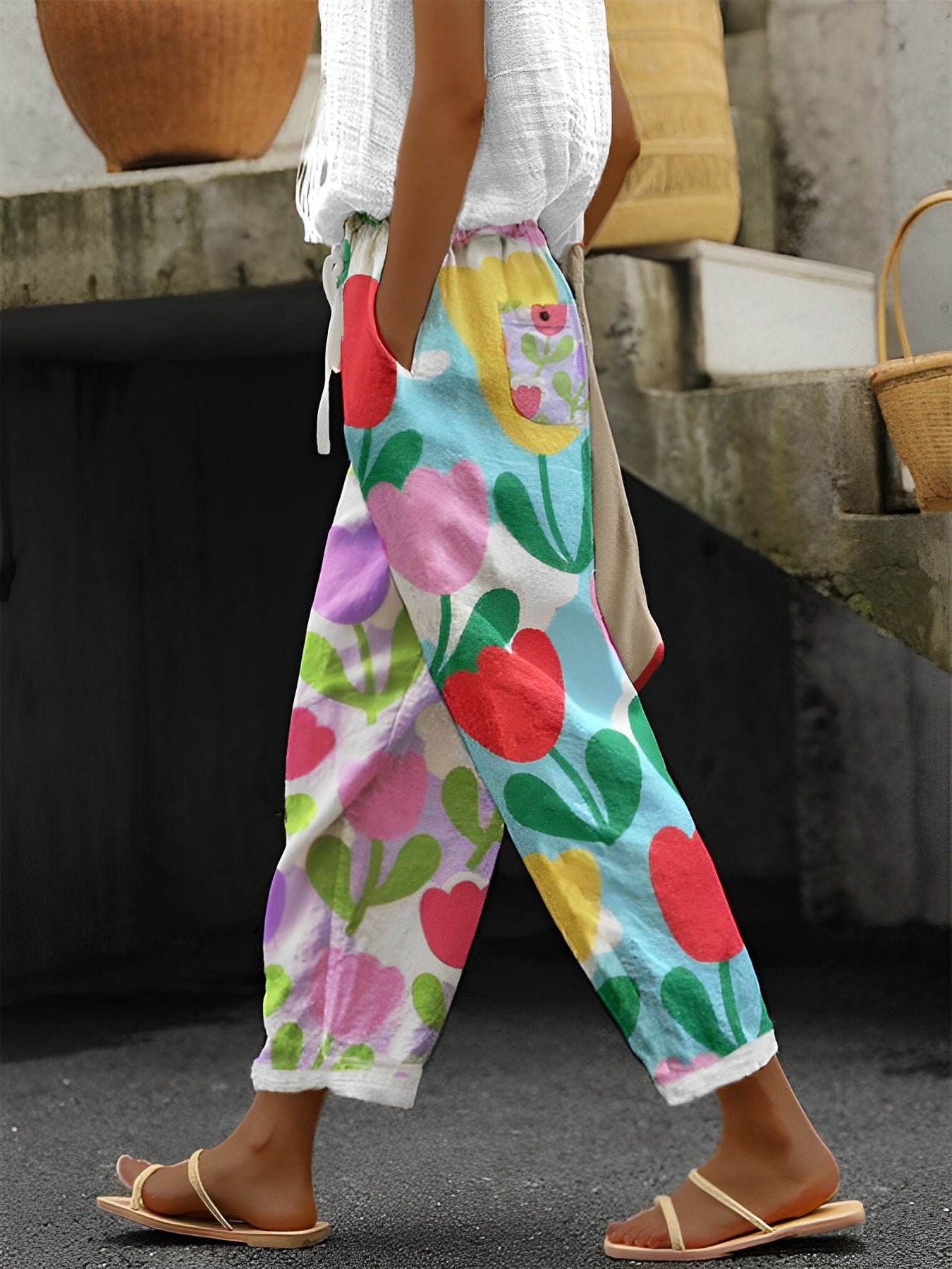 Catherina - Weite Leinenhose mit Blumenprint
