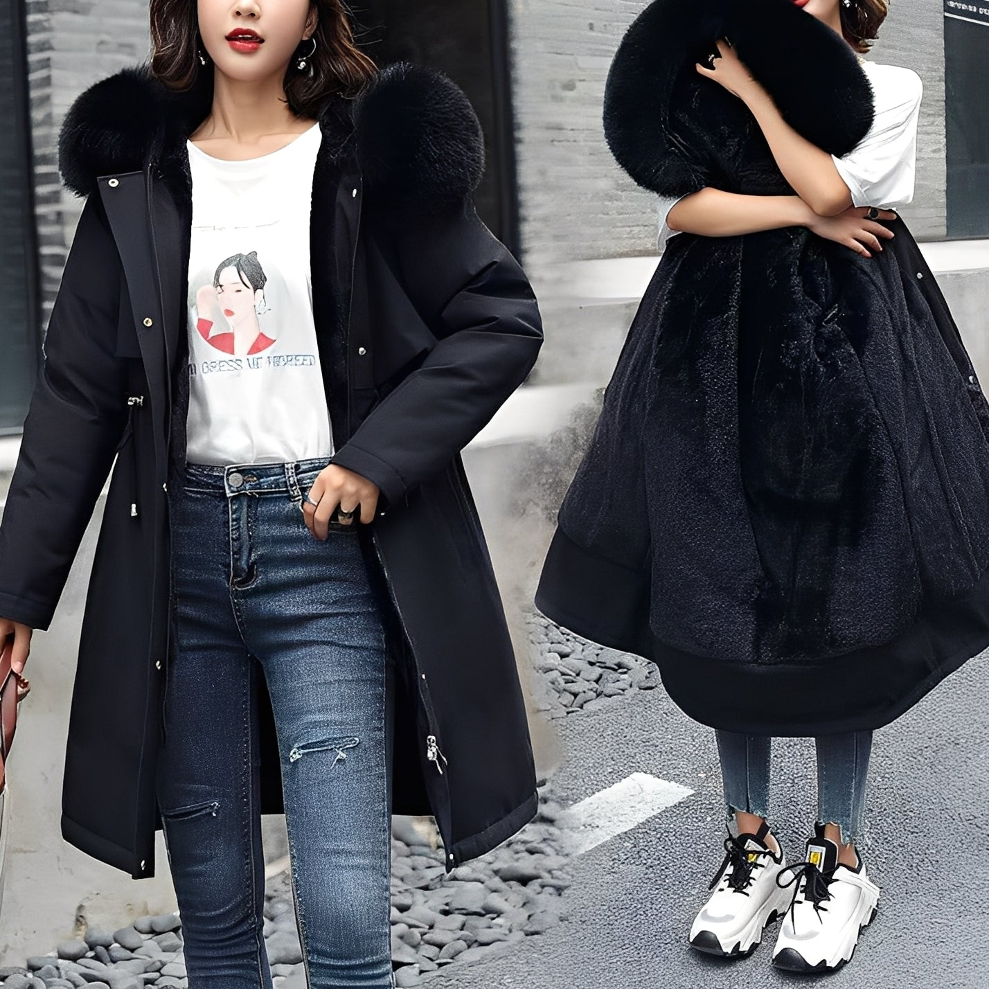 Evette - Stylowy, ciepły, ocieplany damski płaszcz z kapturem