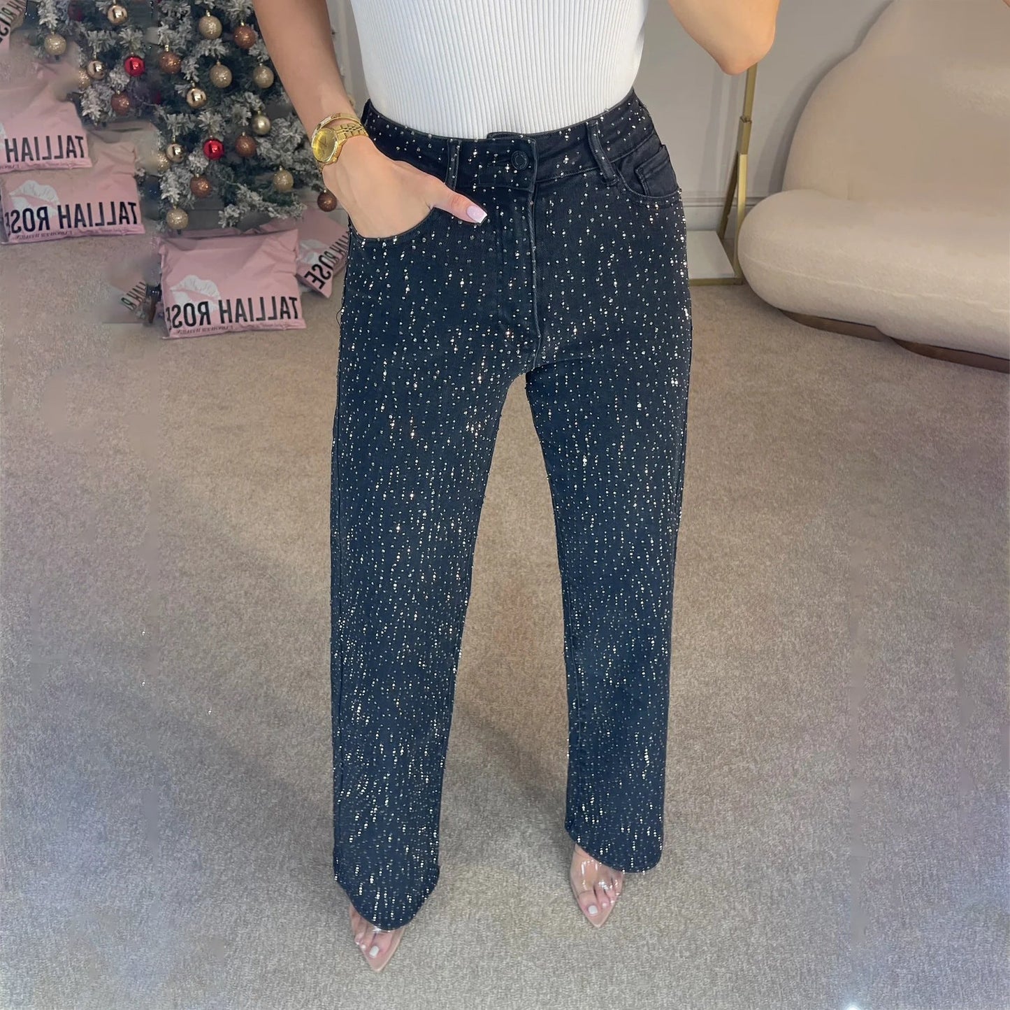 Hanna - Jeans elegantes y brillantes de corte recto para damas