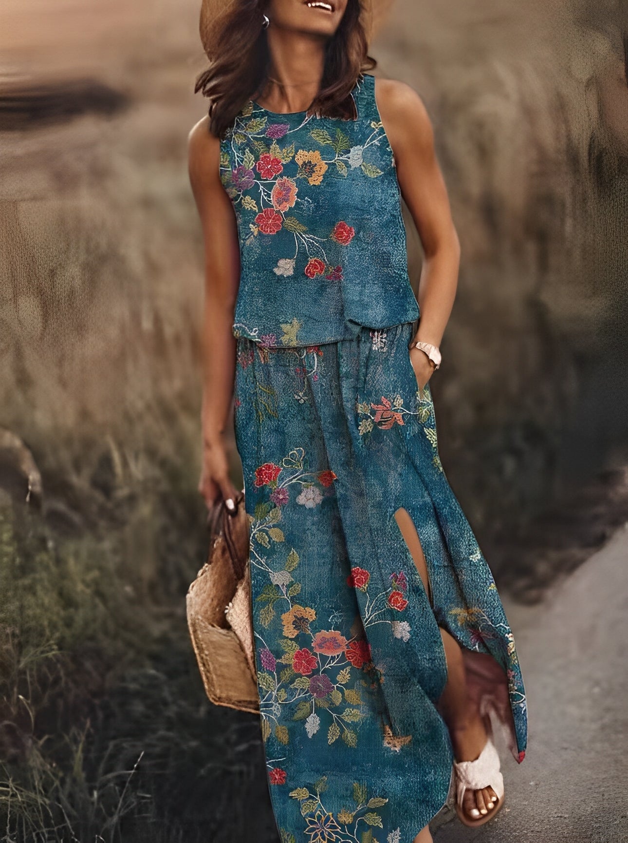 Averill - Damen-Sommermaxikleid mit geteiltem Saum