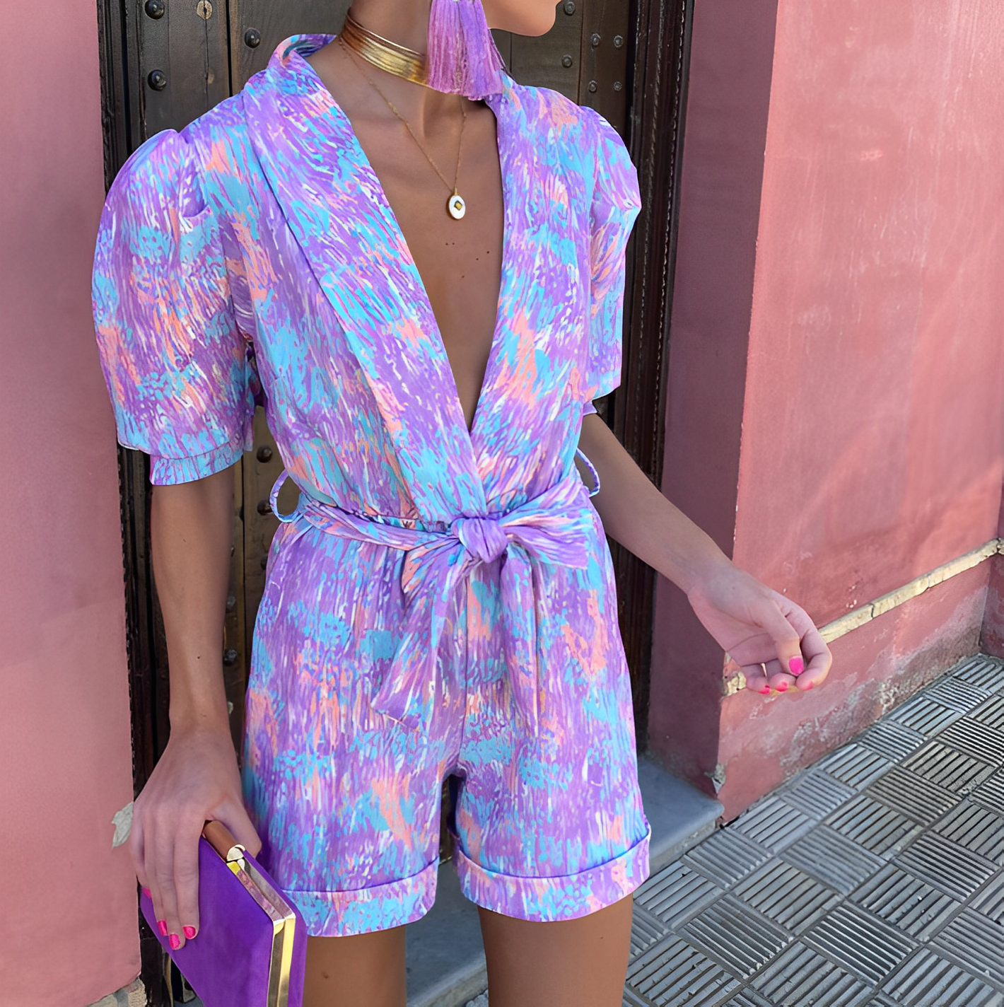 Jaelyn - Farbiger Damen-Jumpsuit mit Puffärmeln