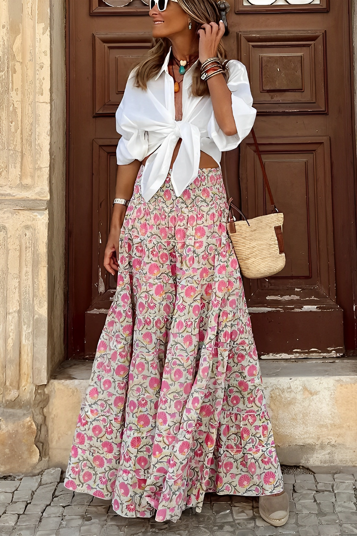 Griselda - Damenrock mit Blumen im Boho-Stil und hoher Taille