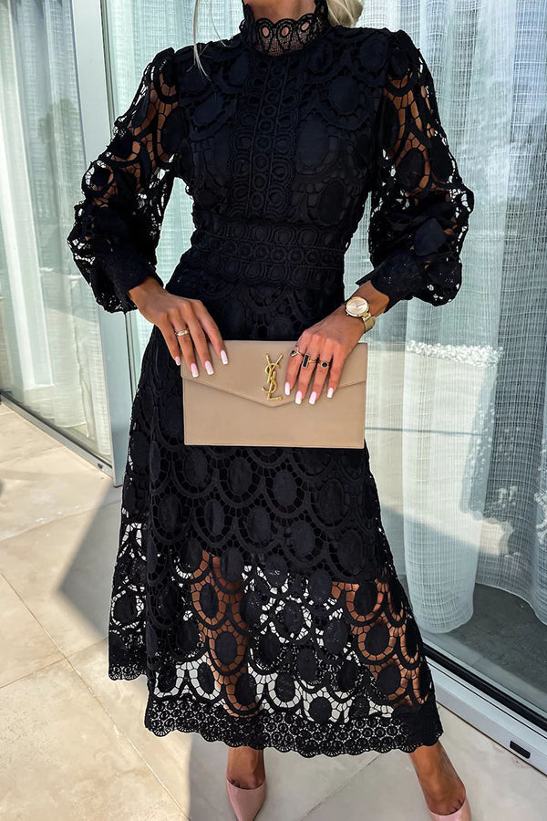 Melody - Schickes Spitzen-Midi-Kleid mit hohem Kragen & Puffärmeln