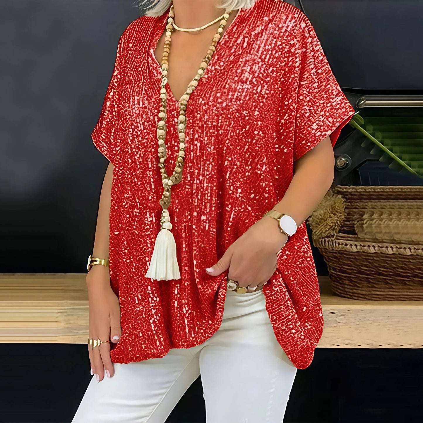 Paola - Glitzer-T-Shirt mit V-Kragen