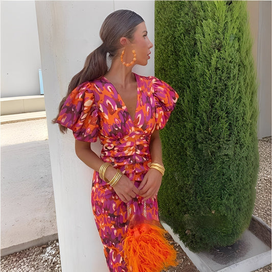 Gaëlle - Farbige Damenkleid mit gefalteten Ärmeln