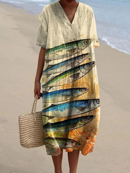 Kasandra - Sukienka z lejącym się materiałem z marynistycznym wzorem