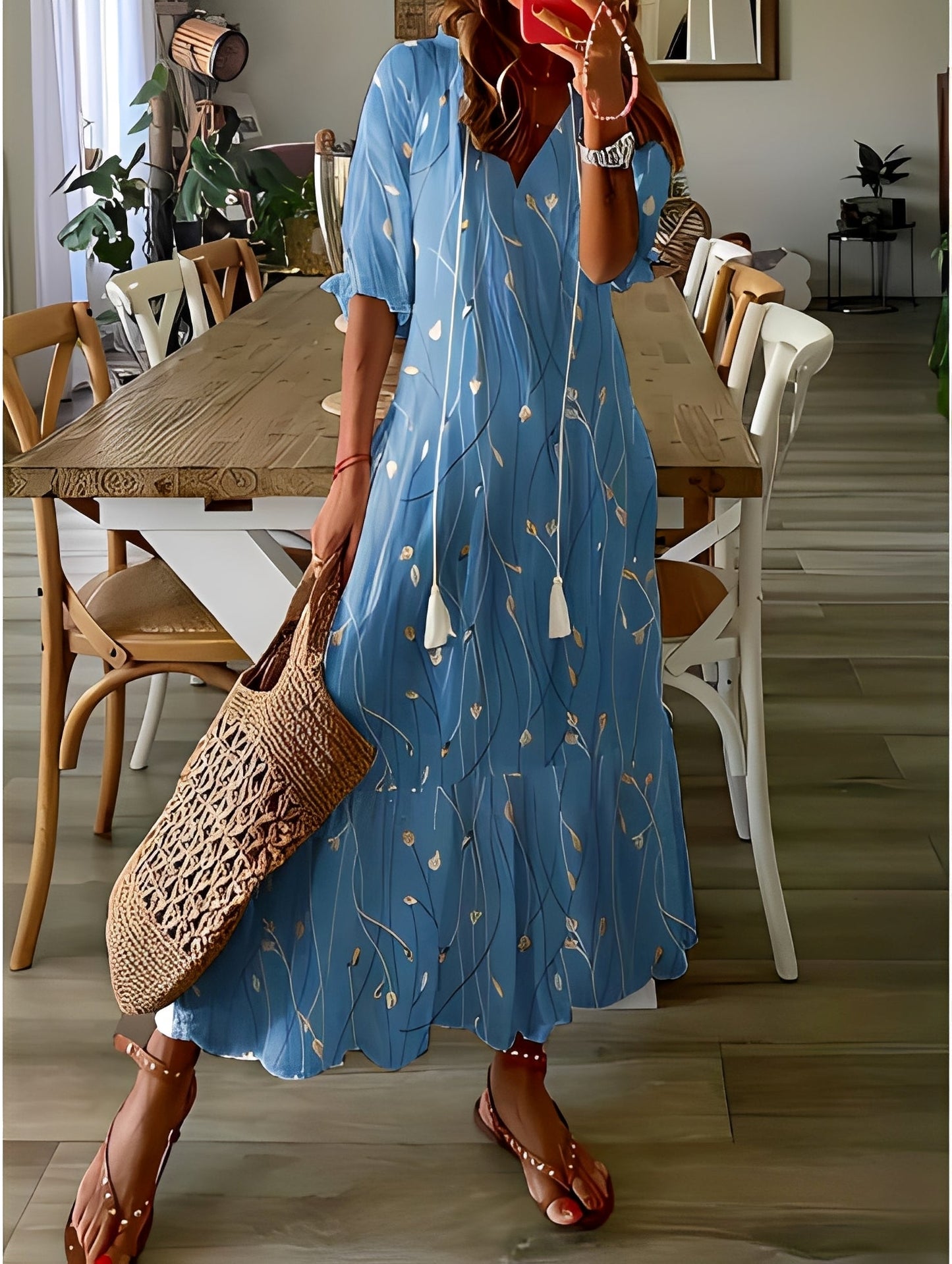 Domitille - Stylové šaty s výstřihem do V, volného střihu pro dámy