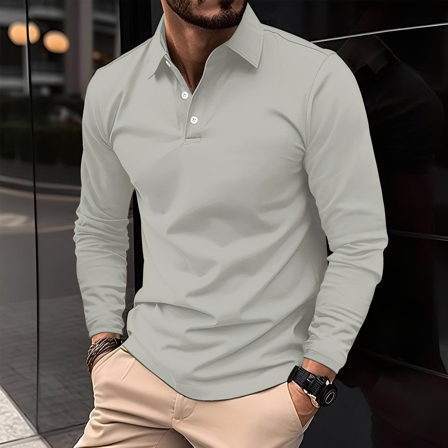Dudley - Bequemes langärmeliges Herren-Poloshirt mit Knöpfen