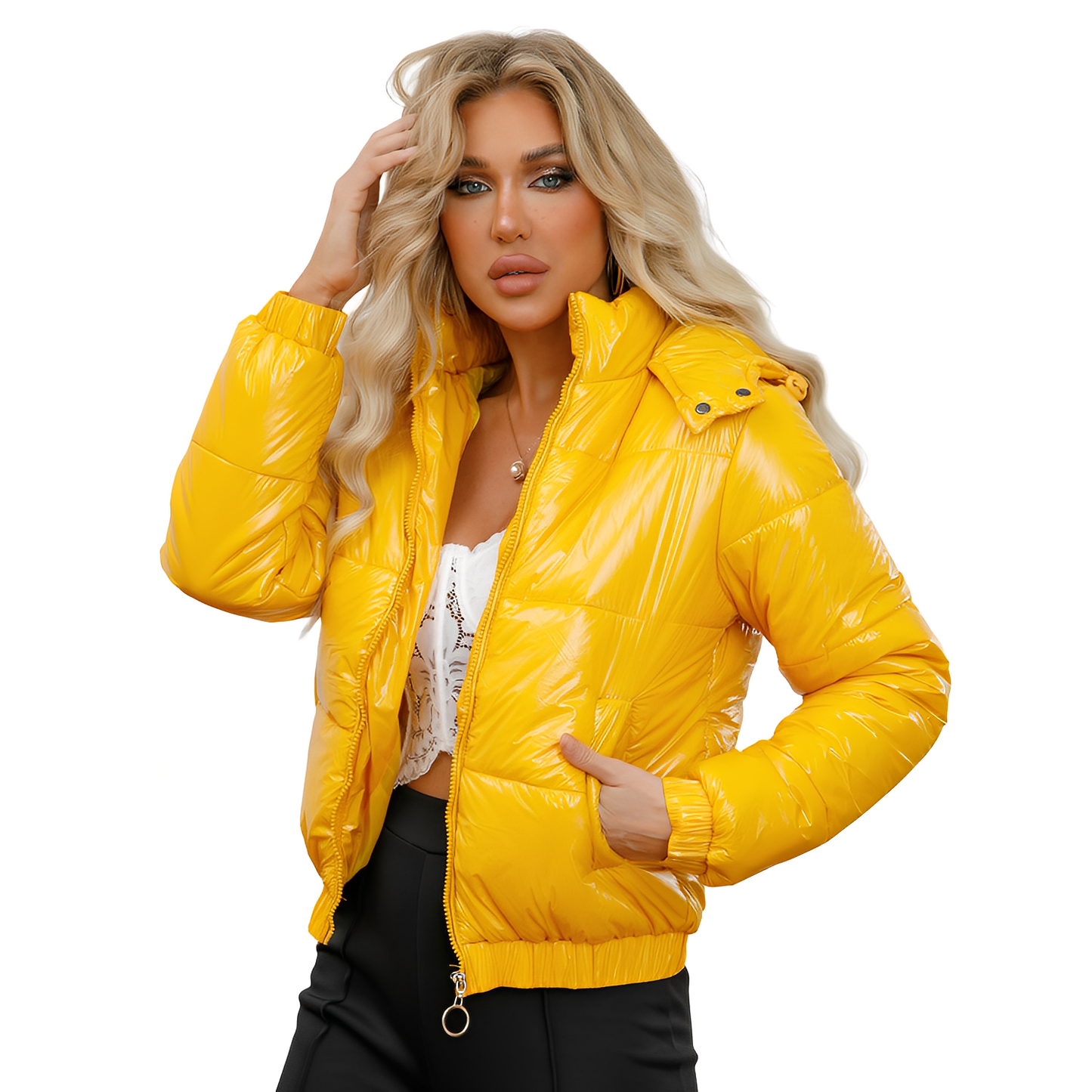 Yazmin - Elegancka, błyszcząca damska kurtka z kapturem