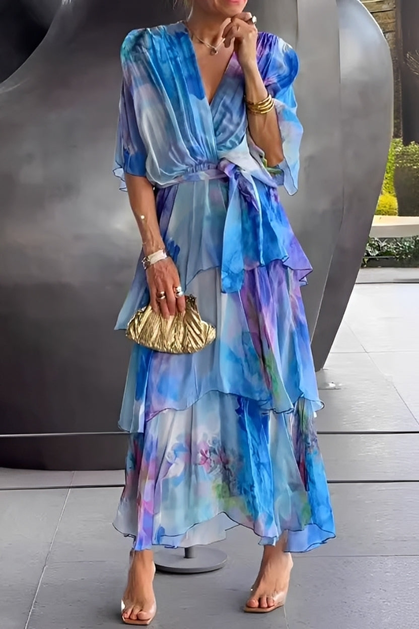 Jane - Damenkleid mit Blumenmuster und V-Ausschnitt, mehrlagig designt