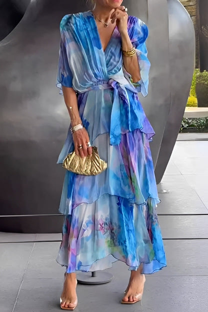 Jane - Damenkleid mit Blumenmuster und V-Ausschnitt, mehrlagig designt