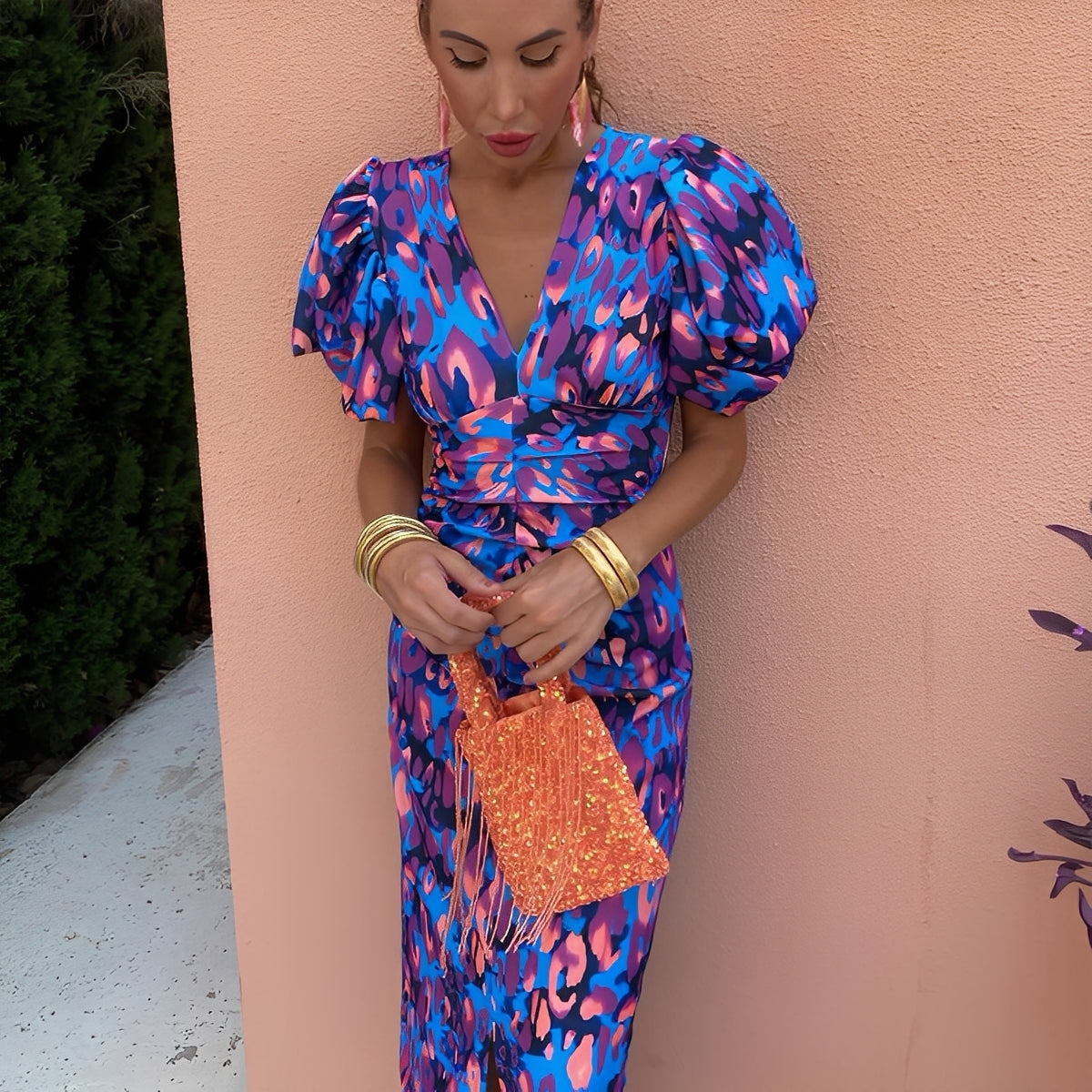 Gaëlle - Farbige Damenkleid mit gefalteten Ärmeln