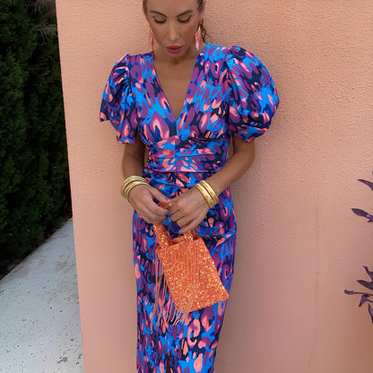 Gaëlle - Farbige Damenkleid mit gefalteten Ärmeln