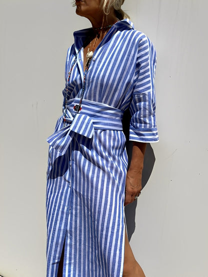 Christel - Langes Damen-Polo-Kleid mit Streifen