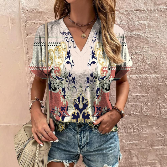 Estella - Vintage-Print-Sommer-T-Shirt mit V-Ausschnitt