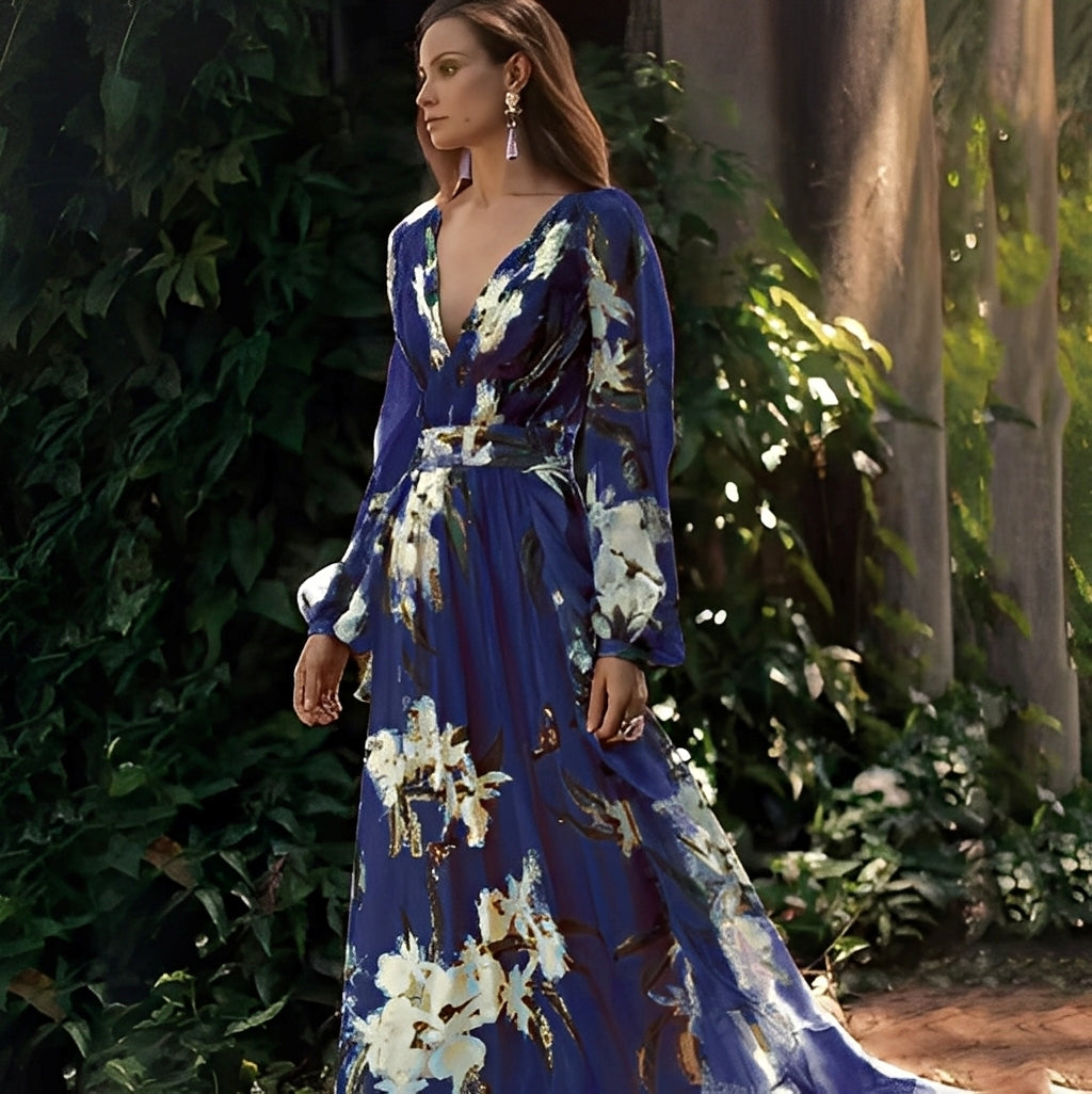 Karine - Elegantes langes Damenkleid mit V-Ausschnitt