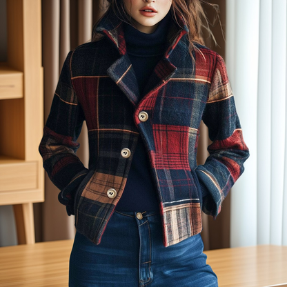 Aubriana - Damen-Retrojacke mit Karomuster und Stehkragen