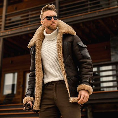 Richard - Veste d'hiver en cuir pour homme avec col en fourrure