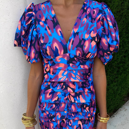 Gaëlle - Farbige Damenkleid mit gefalteten Ärmeln