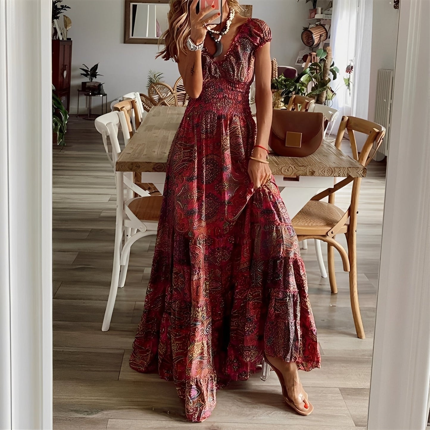 Christina - Damen-Maxikleid im Boho-Stil mit Blumenmuster