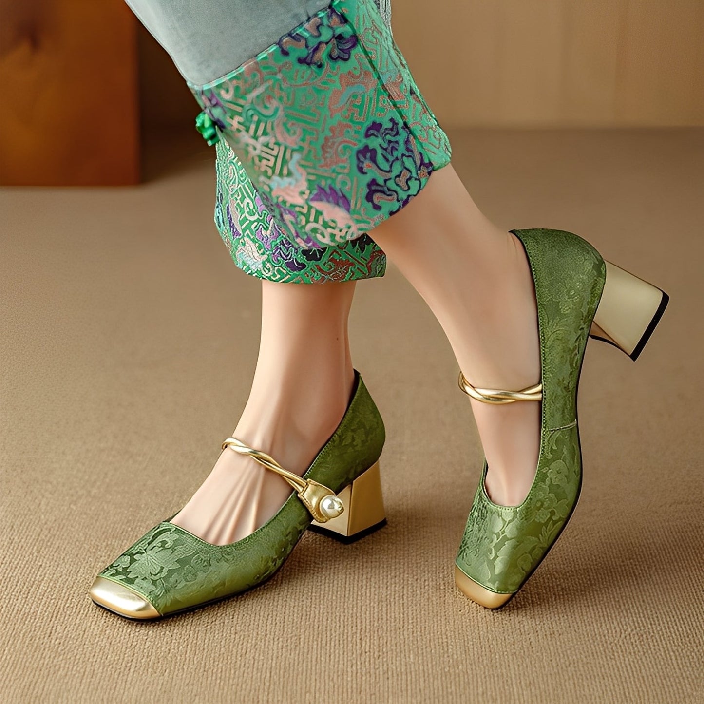 Evelyn - Stylové, ražené hedvábné sandály na podpatku pro ženy