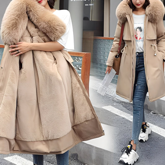 Evette - Stylowy, ciepły, ocieplany damski płaszcz z kapturem