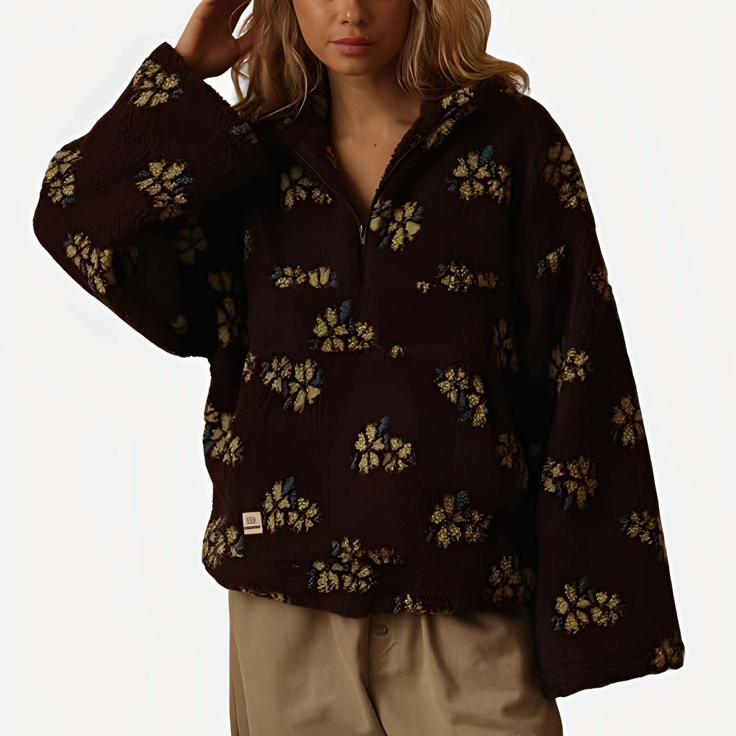 Elizabeth - damski sweter sherpa z stylowym kwiatowym wzorem