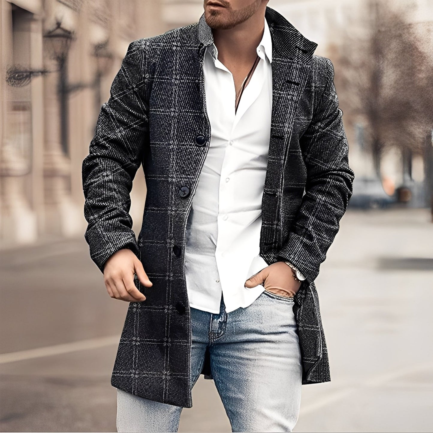 Luke - Stylish long tweed coat for men