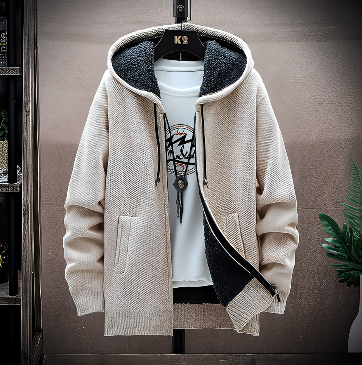 Roni - Sudadera de punto para hombre con forro interior de forro polar en estilo moderno