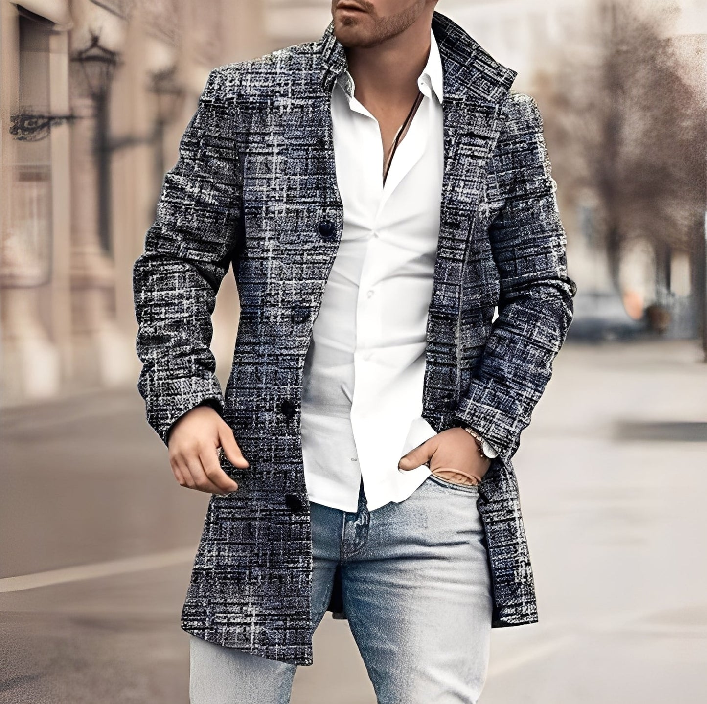 Luke - Stylish long tweed coat for men