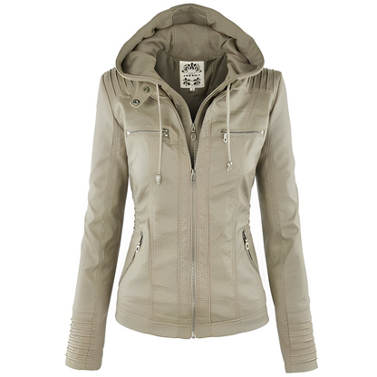 Janene - Wygodna, wodoodporna skórzana kurtka z kapturem dla kobiet